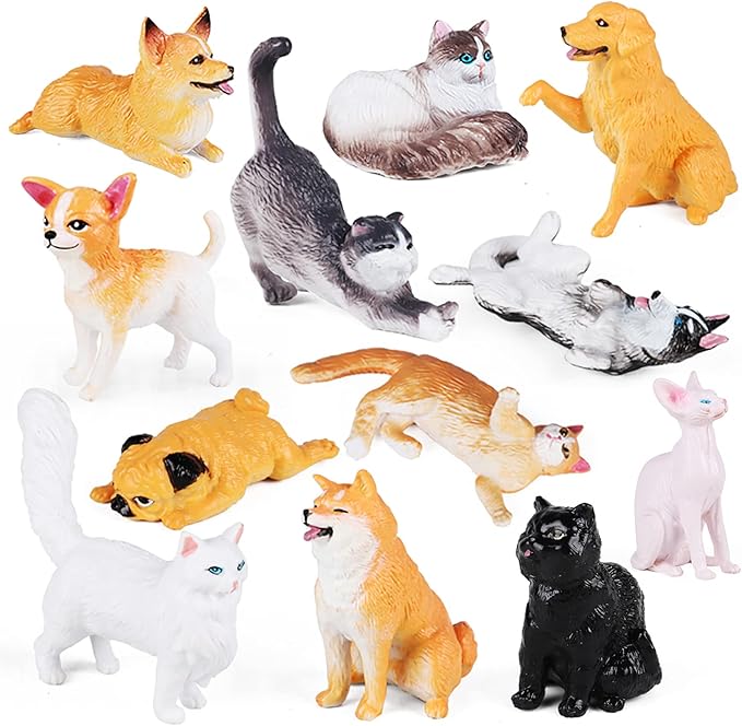 SIENON 12Pcs Dog and Cat Animal Toys, Mini Cute Plastic Puppy Kitten Pet Model for Kids Educational Preschool Learning Chr...