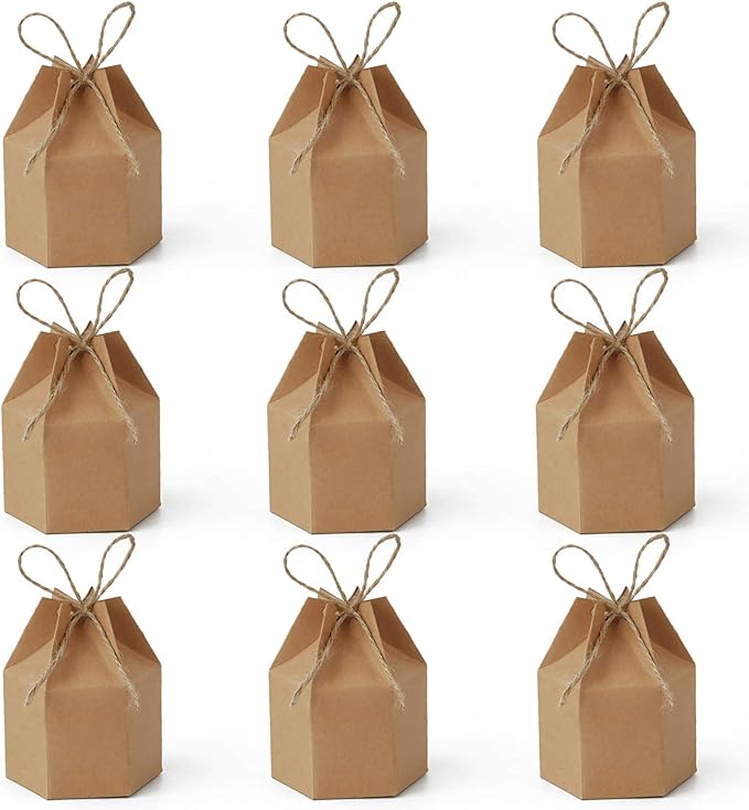 Lamantery 50Pack Mini Paper Gift Boxes Lantern Hexagon Kraft Paper Package Box with Twine Candy Chocolate Gift Packing Wra...