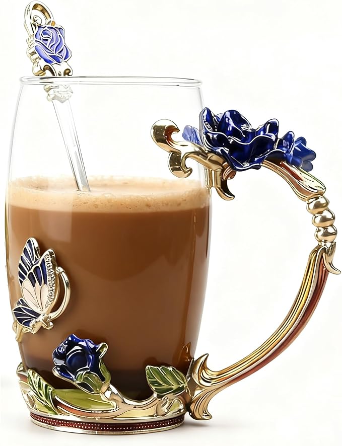 Gifts for Mom Women Unique Blue Tea Mug With Spoon Set & Flower Decoration - Top Birthday Christmas Gifts For Women Mom Wh...