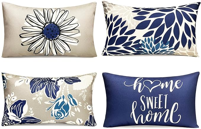 RYSMIYOU Decorative Throw Pillow Covers Set of 4 Blue Pillow Covers 12x20 inch Throw Pillow Cases Linen Square Pillow Cas...