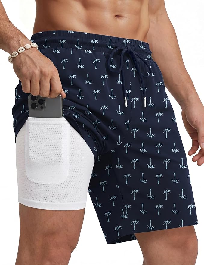 COOFANDY Mens Swim Trunks with Compression Liner Quick Dry 7 Inch Bathing Suit Beach Short with Zipper Pockets