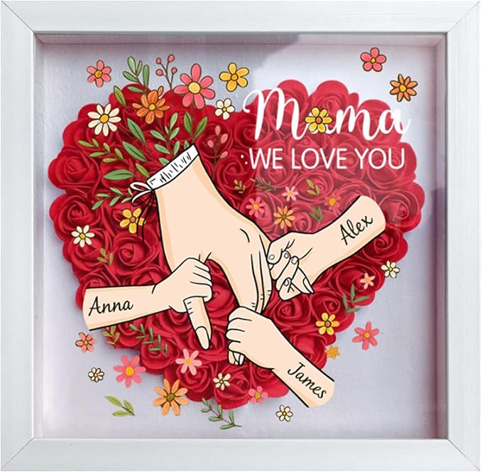 Personalized Mom Flower Shadow Box with Hands & Kids Names, - Customized Rose Frame Gift for Mom Grandma, Unique Mother's ...