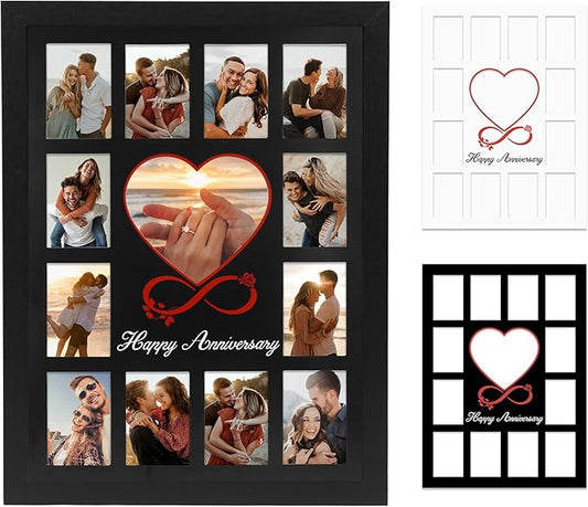 FramePro 12x16 Heart Anniversary Collage Picture Frame, DIY Names Custom Multi Photo Frame Holds 13 Photos, Anniversary De...