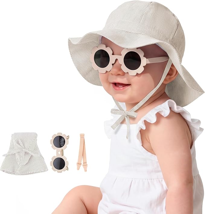 Durio UPF50+ Baby Sun Hat and Sunglasses - Sun Protection Hat for Boy Girl, Wide Brim Summer Beach Hats for Newborn Toddler