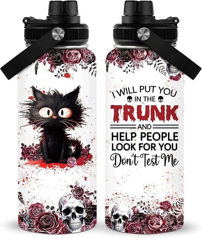 RHONGE Cat Water Bottle 32 Oz, Horror Water Bottle, Horror Cup, Goth Gothic Insulated Cup, I Will Put You In The Trunk Hal...