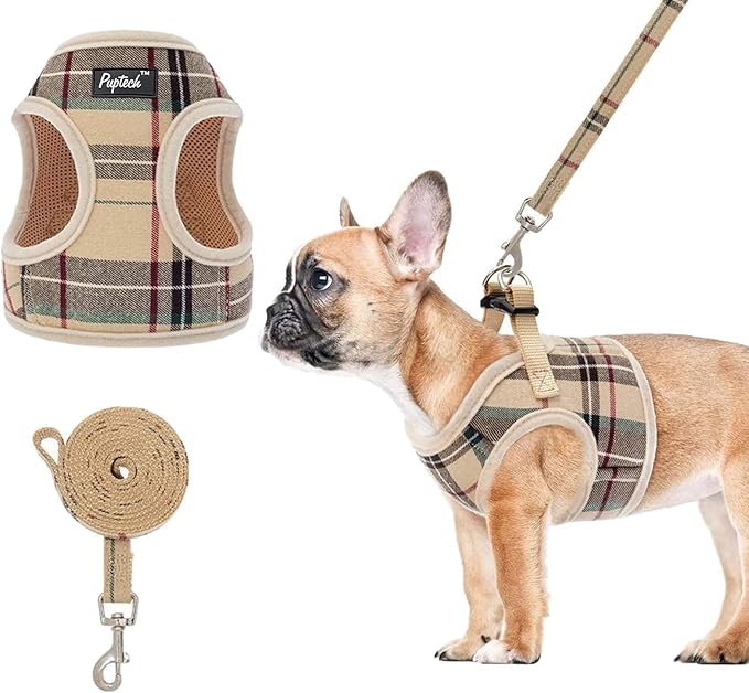 PUPTECK Soft Mesh Dog Harness and Leash Set Step-in Plaid Puppy Padded No Pull Vest Harness for XS Small Sized Dogs Cats O...