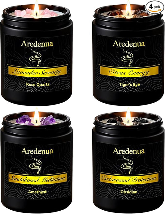 Aredenua Scented Candles Set, 4 Pack Crystal Healing Candles with Rose Quartz Amethyst Tiger Eye Obsidian, 7oz Natural Soy...