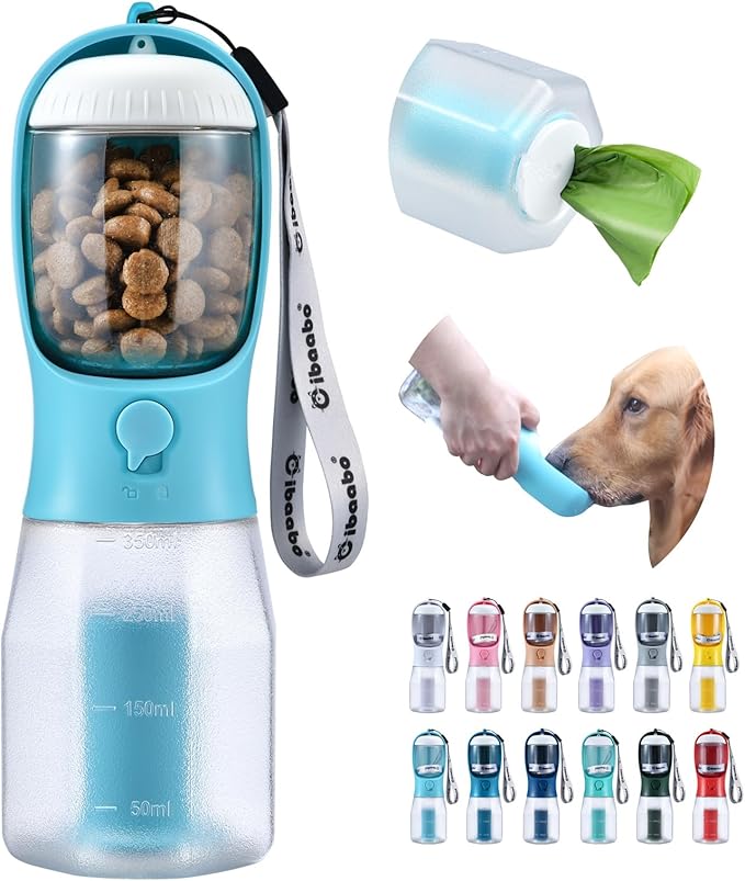 Cibaabo Dog Water Bottle with Food Container & Poop Bag Holder, Travel Water Bowl, Portable Pet Dispenser, Dog Gifts Stuff...