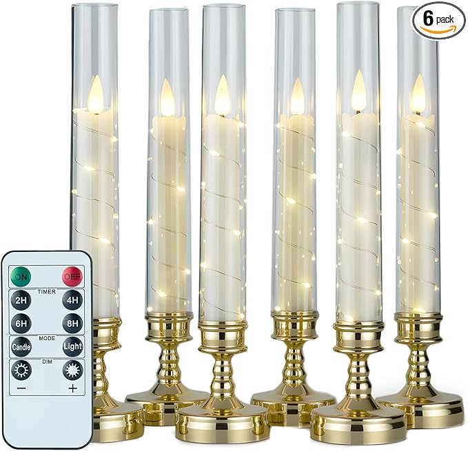 Prerish 6 PCS Flameless Candles with Timer, Flickering Flameless LED Pillar Candles for Romantic Ambiance with Embedded St...