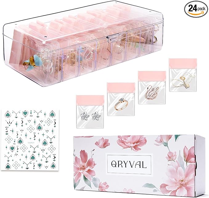 Qryval Jewelry Organizer and Storage Box with 24 EVA Anti Tarnish Bags, Travel Acrylic Case for Earrings, Necklaces & Ring...