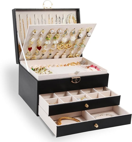 Unimoly 3-Layer Jewelry Box for Women, Jewelry Organizers and Storage with Removable Jewelry Tray, Vintage Quilted Top Loc...