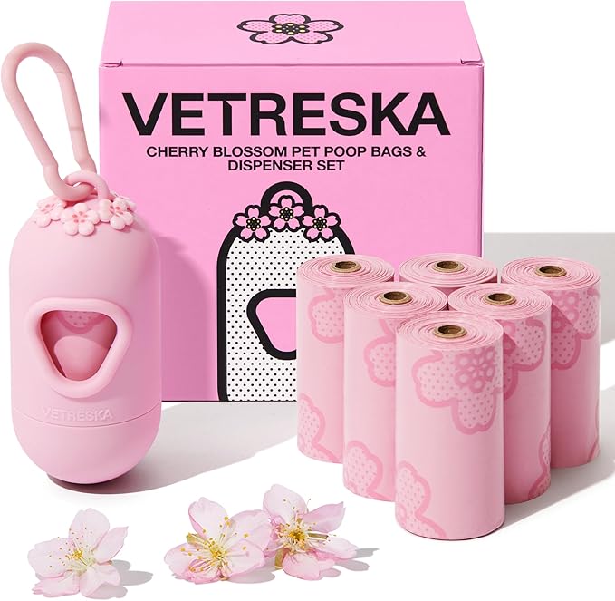 VETRESKA Dog Poop Bag Dispenser with Cherry Blossom Scented Poop Bags, Leak Proof and Extra Thick Pet Waste Bags, 1 Poop B...