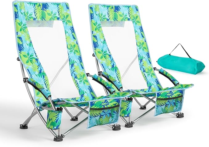 VINGLI Low Beach Chairs, High Back Chairs with Carry Bag，Foldable Portable Backpack Beach Chair for Camping Picnic LAN-2 Pack