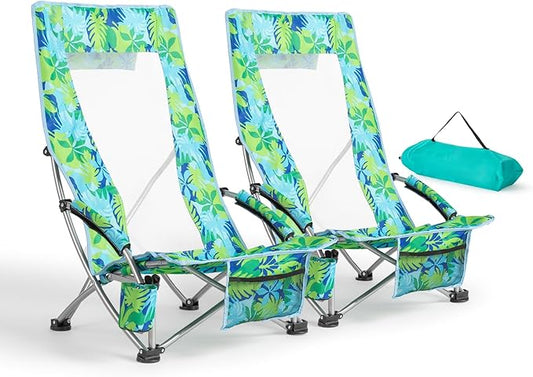 VINGLI Low Beach Chairs, High Back Chairs with Carry Bag，Foldable Portable Backpack Beach Chair for Camping Picnic LAN-2 Pack