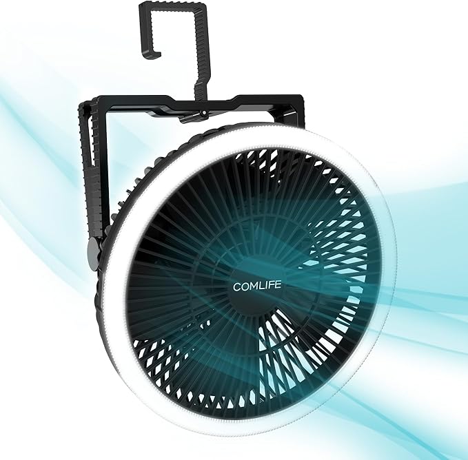 Portable Camping Fan with LED Lantern, 24HRS Running 8inch Rechargeable Tent Fan, Powerful 3-Speed 180° Rotate with Hook, ...