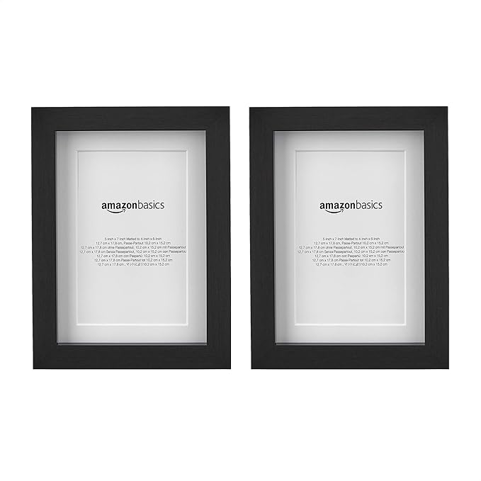 Amazon Basics Rectangular Picture Frame with Glass, 5" x 7", Wall Hanging or Tabletop Display, Mat for 4" x 6" Photo, Blac...