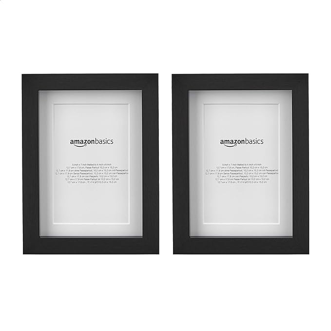 Amazon Basics Rectangular Picture Frame with Glass, 5" x 7", Wall Hanging or Tabletop Display, Mat for 4" x 6" Photo, Blac...