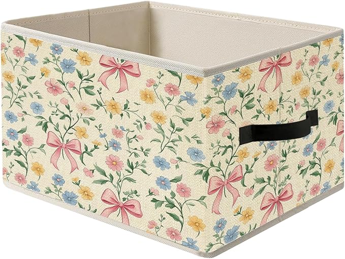 FITIE Coquette Pink Bow Floral Storage Bin Box with Handles, Rustic Colorful Flower Botanical Foldable Organizer Basket To...