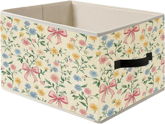 FITIE Coquette Pink Bow Floral Storage Bin Box with Handles, Rustic Colorful Flower Botanical Foldable Organizer Basket To...