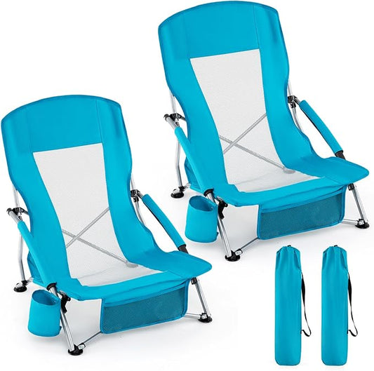 Giantex 2 Pack Folding Beach Chairs for Adults, Portable Lightweight Camping Chairs w/Padded Armrests, Cup Holders & Stora...