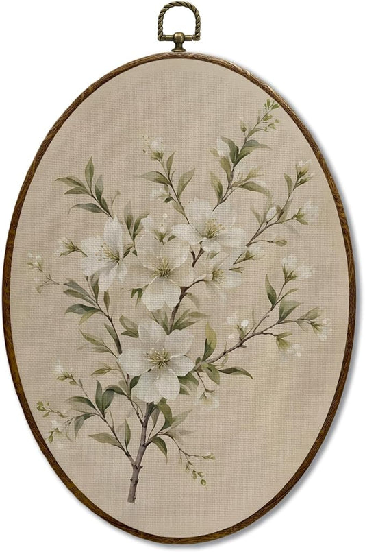 JQF Vintage Floral Oval Framed Wall Art, Cottagecore Retro Flower Botanical Oval Canvas Wall Decor, Rustic Floral Framed P...