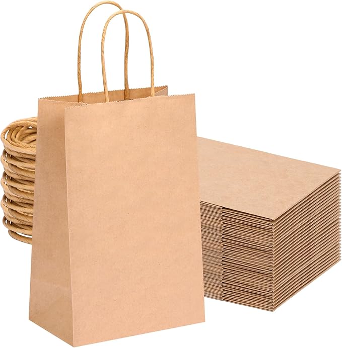 OUTUXED 60pcs 5.25x3.2x8in Small Gift Bags, Brown Paper Bags with Handles Bulk for Gift, Shopping, Birthday, Wedding, Busi...