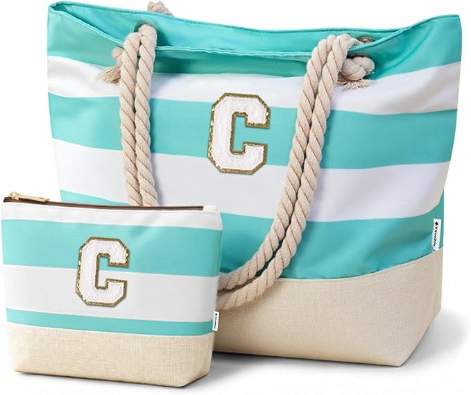 Vavabox Initial Beach Tote Bag for Women, Water-resistant Foldable Travel Beach Bag Set, Birthday Gifts for Women Mom