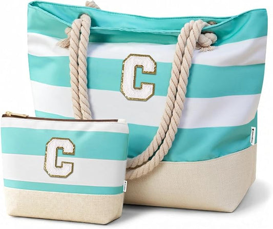 Vavabox Initial Beach Tote Bag for Women, Water-resistant Travel Beach Bag Pool Bag Set, Birthday Gifts for Women Mom