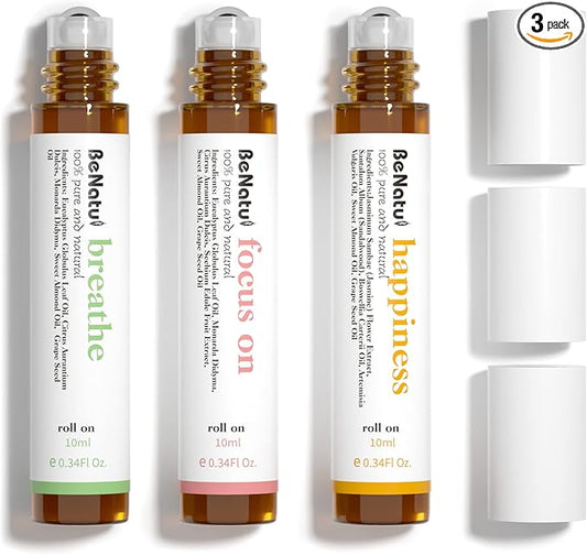 Benatu Essential Oil Blends Set (Breathe, Focus on, Happiness), Natural Aromatherapy Roll On for Massage, Body Skin Care, ...