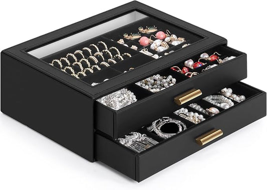 AKOZLIN Jewelry Box with Clear Lid Functional Leather Jewelry Storage Organizer Case 2 Drawers for Women Girls Necklace Ri...