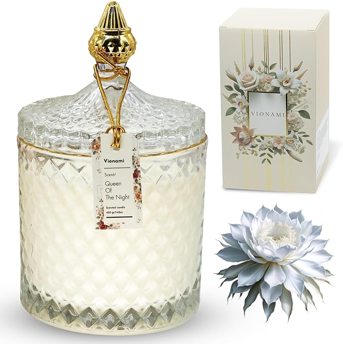 VIONAMI Luxury Scented Candle Gift – Queen of The Night Rare Flower Fragrance in Elegant Glass Jar, Decorative Soy Candles...