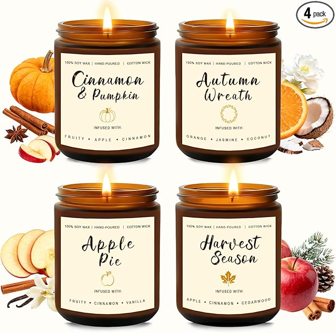 Candles for Home Scented – Cinnamon Pumpkin, Apple Vanilla, Orange Jasmine Coconut, Cedarwood Spice – Long Lasting Soy Can...