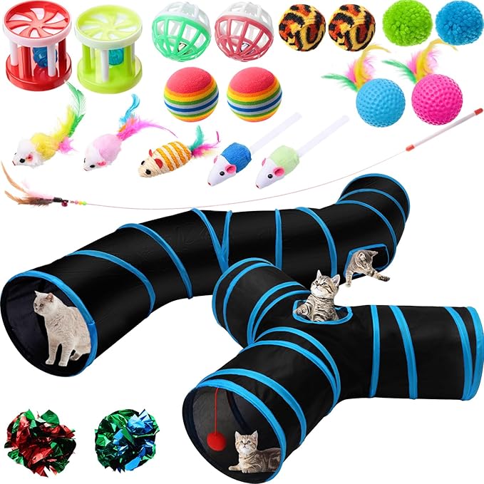 Poen 22pcs Cat Kitten Toys Set with 2 Collapsible Cat Tunnel and 20 Interactive Kitty Feather Toy, Fluffy Mouse, Crinkle B...