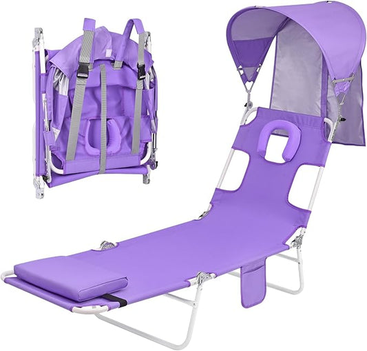 Backpack Beach Tanning Chair with Canopy Sun Shade & Face Hole, 6 Position Folding Lounge Sun Chair for Adults Outside Rea...