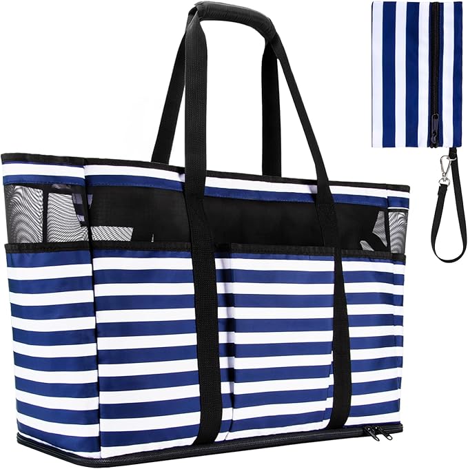 TEUEN Large Beach Bag with Zipper, 12 Pockets Waterproof Sandproof Pool Bag Womens Mesh Beach Tote Bag for Travel Vacation