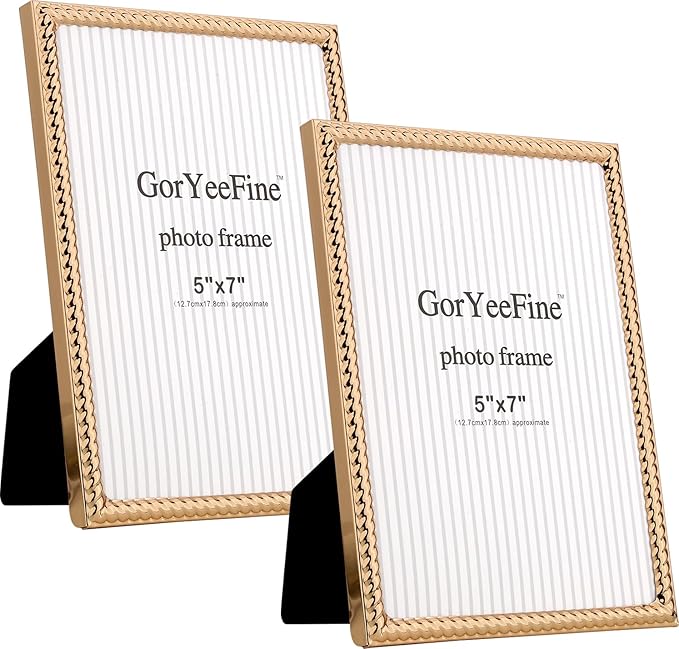 FineLiMoLa 5x7'' Gold Rope Design Metal Picture Frames 2 Pack with Hi Quality Velvet Backing and Real Glass Front, Gold Ph...