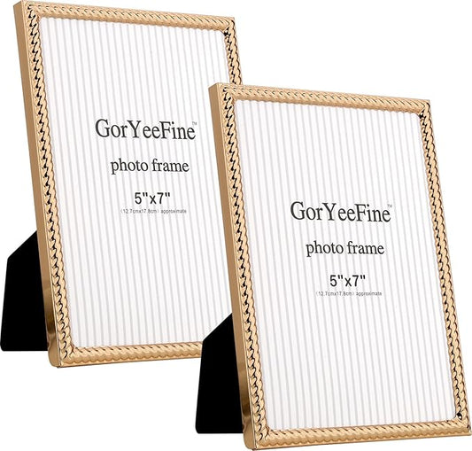 FineLiMoLa 5x7'' Gold Rope Design Metal Picture Frames 2 Pack with Hi Quality Velvet Backing and Real Glass Front, Gold Ph...