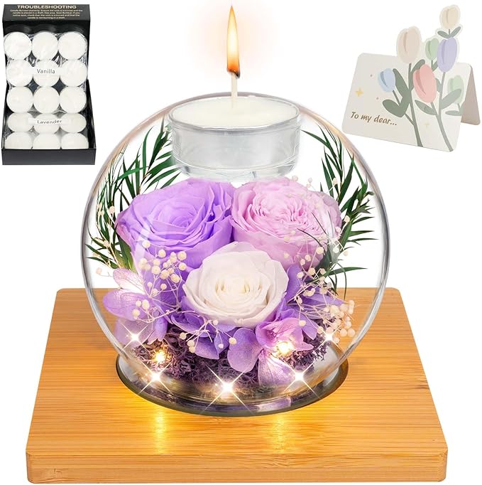 Preserved Light Purple Real Rose in Glass with Scented Candles–Forever Flower Romantic Anniversary Mothers Day Christmas B...