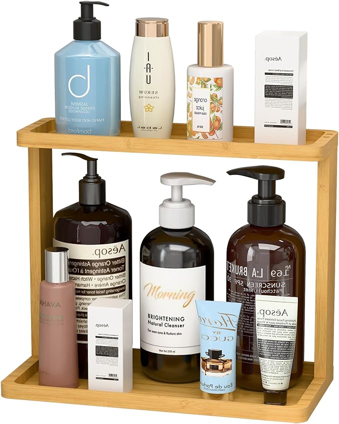PEKER Bamboo Bathroom Organizer Countertop – Small Vanity Storage Shelf for Makeup, Perfume, Skincare – Natural Cosmetics ...