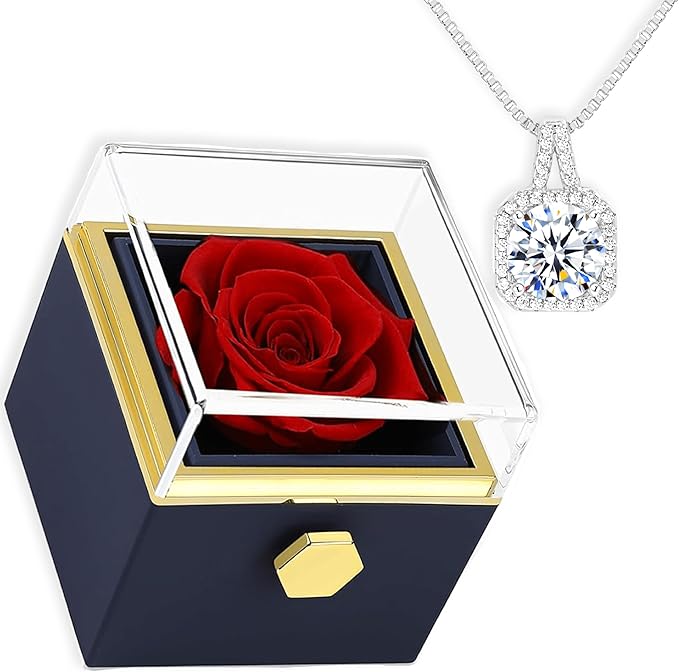 Preserved Real Rose Rotate Box with Love of Diamonds Necklace -Eternal Flowers Rose Flower Romantic Gifts for Mom Wife Gir...