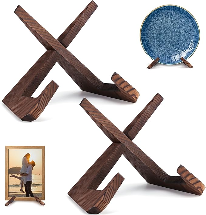 XKDOUS 2 Pack Plate Stand for Display, 6.5 Inch Wood Plate Display Holders, Picture Frame Holder, Cookbook Stand Recipe Bo...