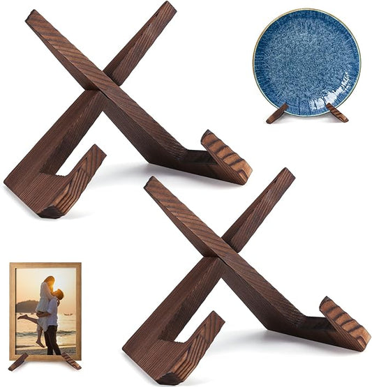 XKDOUS 2 Pack Plate Stand for Display, 6.5 Inch Wood Plate Display Holders, Picture Frame Holder, Cookbook Stand Recipe Bo...