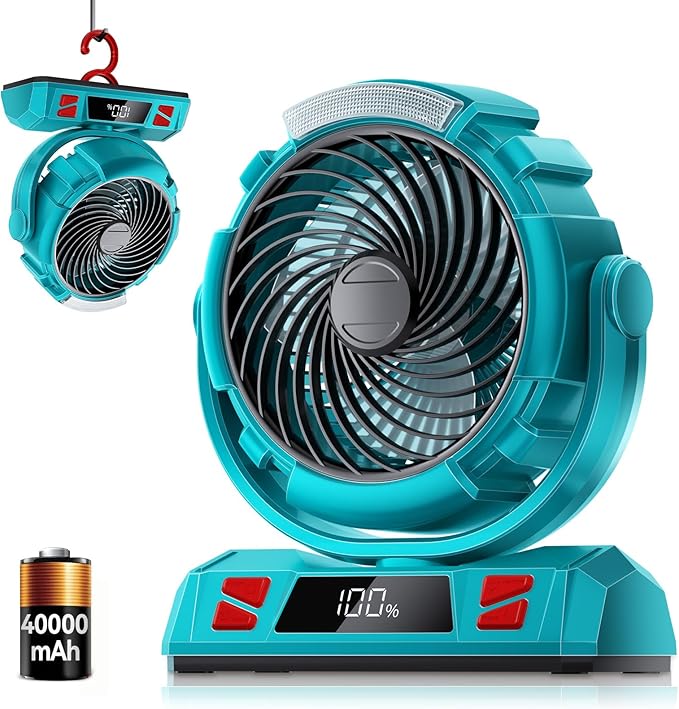 Camping LED Fan with Light, 40000mAh Rechargeable Battery Powered Outdoor Tent Fan with Light and Hook, 6 Speed, Personal ...