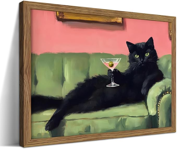Framed Black Cat with Martini Wall Art Print, Whimsical Cute Cat Decor Paintings, Cocktail Art Bar Cart Decor, Funny Anima...