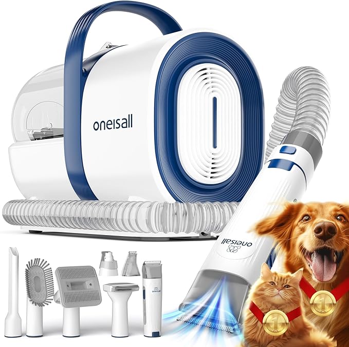 oneisall Dog Grooming Vacuum, Pet Grooming Vacuum with Clipper Nail Grinder, 1.5L Dust Cup Dog deshedding Brush with 7 Too...