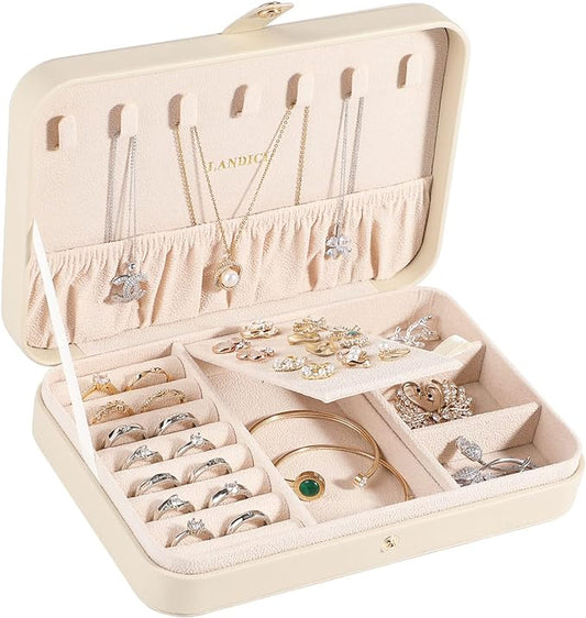 LANDICI Small Jewelry Box for Women Girls, PU Leather Travel Jewelry Case, Portable Jewelry Organizer Storage Holder Displ...