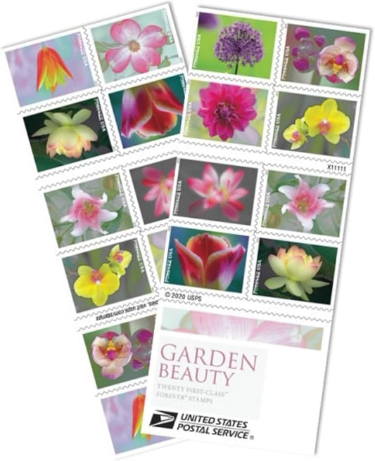 USPS Garden Beauty Forever Postage Stamps Book of 20 self-stick First Class Wedding Celebration Anniversary Flower Party (...
