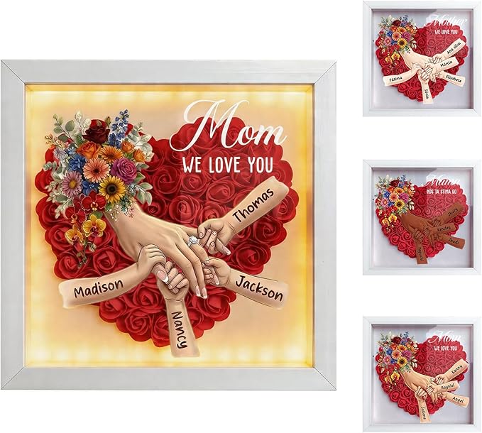 Personalized Mommy Holding Hands Flower Shadow Box with Ring and Manicure, Custom Kids Names Floral Heart Led Light Frame,...