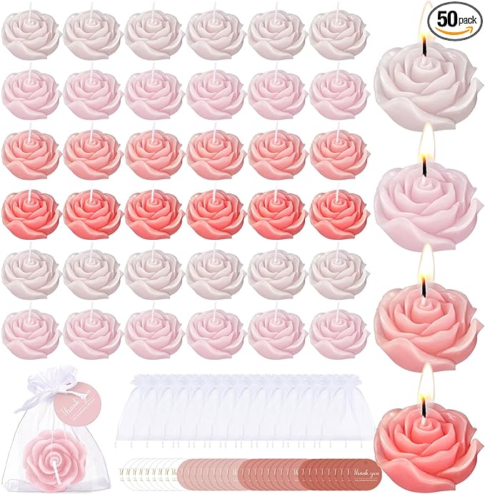 Treela 50 Set Flower Candles Wedding Favor for Guests Mini Pink Champagne Rose Shaped Tealight Candles for Return Gift Wed...