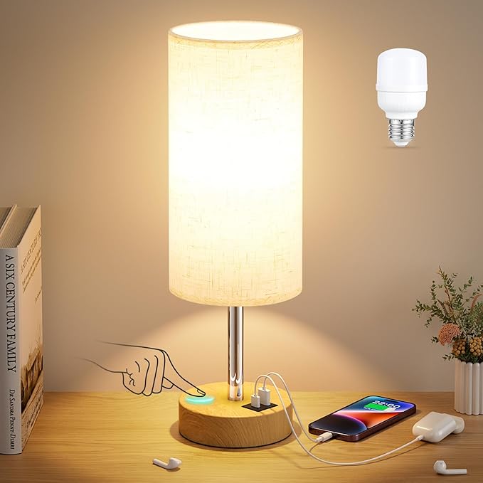 Dicoool Touch Bedside Table Lamp with USB - 3 Way Dimmable Wood Lamp for Bedroom Nightstand, Desk Lamp with Charging Stati...